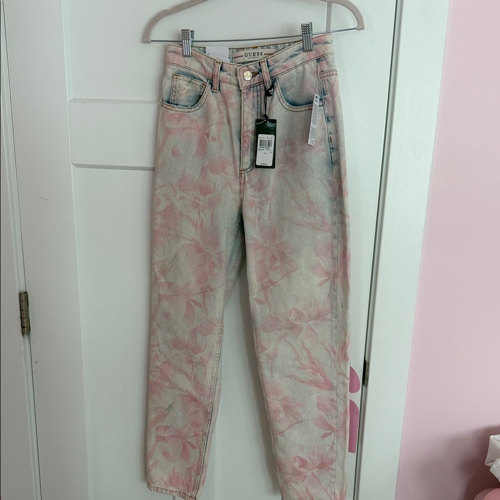 Guess Women's Light Pink Floral Straight Leg Jeans